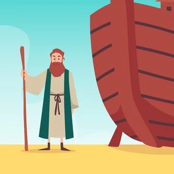 Bible banner with Noah standing near his ark, flat vector illustration. Stock Illustration
