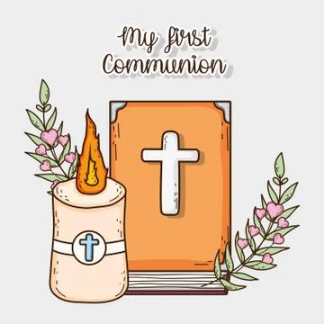 Bible with candle and cross to first communion Stock Illustration