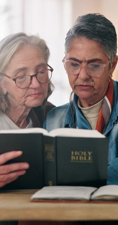 Bible, learning and talking with mature women in home living room together for Video stock 338223721