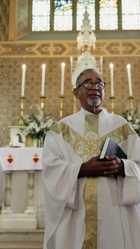 Bible, man and face of pastor in church for sermon, blessing or gospel to Video stock 340387511