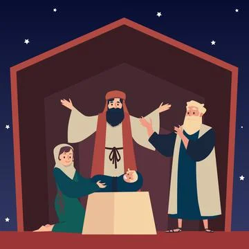 Bible Nativity adoration of the magi to Jesus, flat vector illustration. Stock Illustration