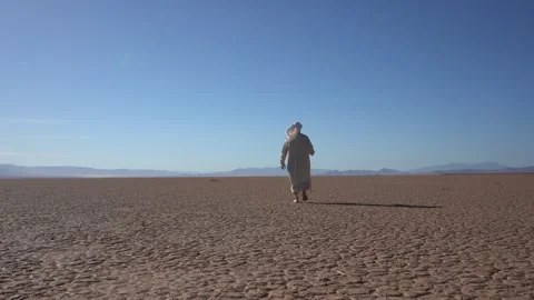 A Bible prophet or holy man walking in a barren desert Stock Footage 308029824