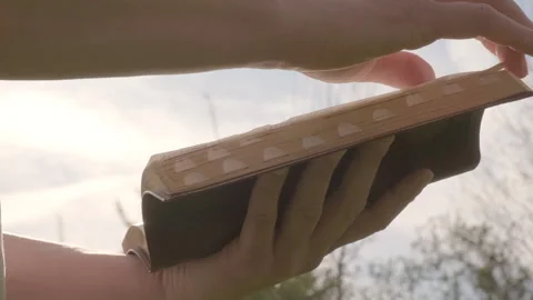 Bible reading hands page turning slow motion outside sunny day Stock Footage 257614596