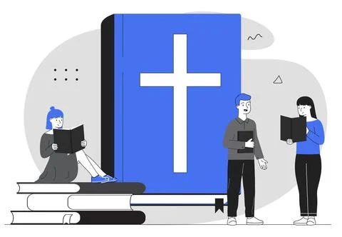 Bible study group with big holy book. Vector illustration Stock Illustration
