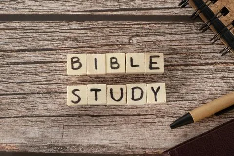 Bible study text word written on wooden cubes with holy bible book Stock Photos