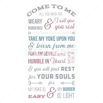 Biblical phrase from Matthew gospel, Come to me, all you who are weary and bu Stock Illustration