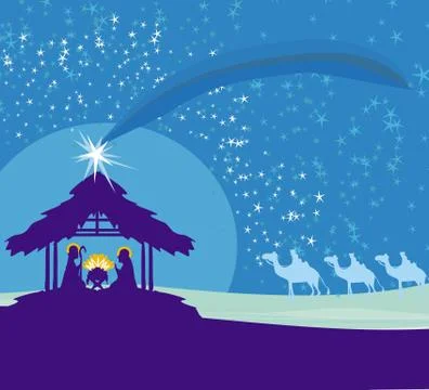 Biblical scene - birth of jesus in bethlehem. Stock Illustration
