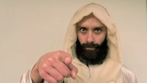 Biblical scene, close-up of face Jesus Christ, man in image of Savior, conc.. Stock Footage 231163319