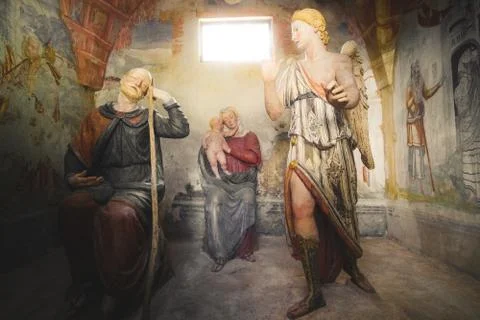 Biblical scene representation (presepe)  the second dream of Saint Joseph (Sa Stock Photos