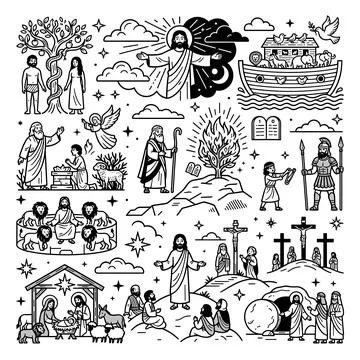 Biblical scenes and characters, black line art illustrations, Christian fai.. Ilustração Stock