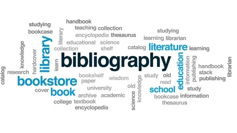 Bibliography animated word cloud, text design animation. Stock Footage
