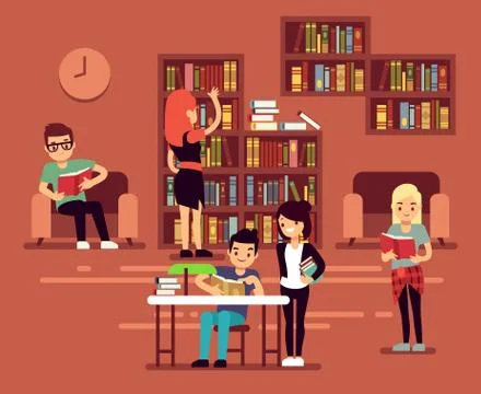 Bibliotheca, school library interior with student vector illustration Stock Illustration