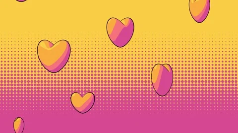 Bibrant pop art inspired featuring floating hearts on a yellow and pink gradient Stock Footage 280641701