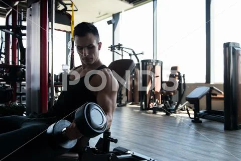 Biceps Exercise With Dumbbells In A Gym Stock Photos