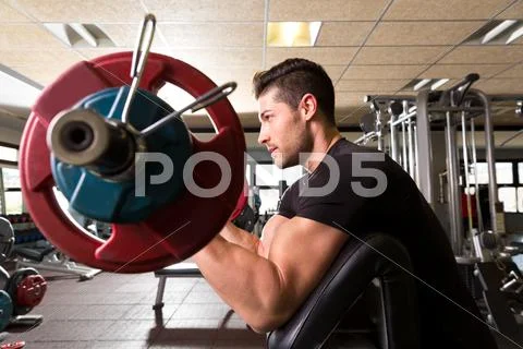 Biceps preacher bench arm curl workout man at gym Stock Photos