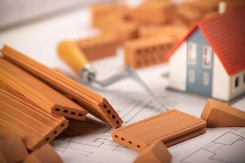 Bicks and project for construction industry. Stock Photos