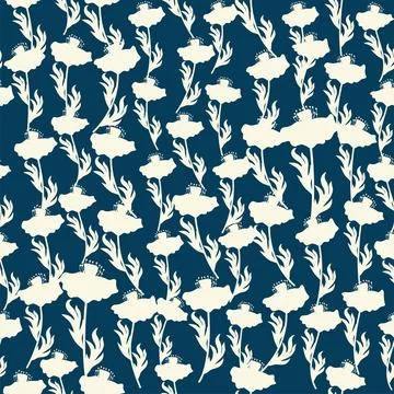 Bicolor contour silhouette seamless pattern with poppy flowers and leaves. Ab Illustrazione stock