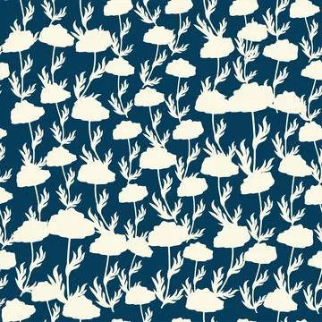 Bicolor contour silhouette seamless pattern with poppy flowers and leaves. Ab Stock Illustration