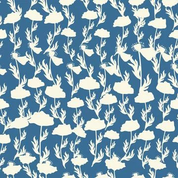 Bicolor contour silhouette seamless pattern with poppy flowers and leaves. Ab Illustrazione stock