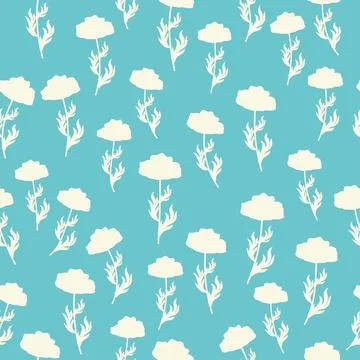 Bicolor contour silhouette seamless pattern with poppy flowers and leaves. Ab Illustrazione stock