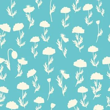 Bicolor contour silhouette seamless pattern with poppy flowers and leaves. Ab Illustrazione stock