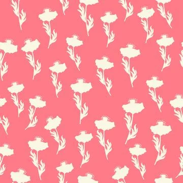 Bicolor contour silhouette seamless pattern with poppy flowers and leaves. Ab Stockillustratie