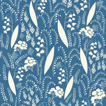 Bicolor contour silhouette seamless pattern with flowers and leaves. Abstract Stockillustratie
