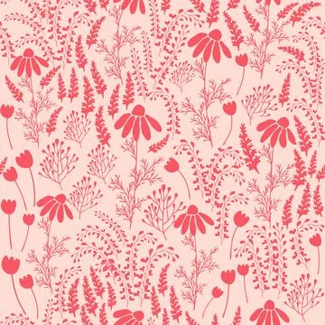 Bicolor contour silhouette seamless pattern with flowers and leaves. Abstract Illustrazione stock