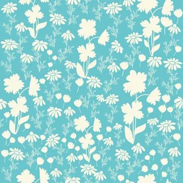 Bicolor contour silhouette seamless pattern with flowers and leaves. Abstract Stock Illustration