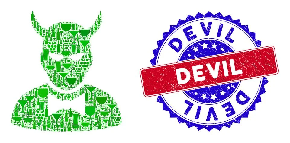 Bicolor Devil Grunge Stamp and Devil Icon Winery Composition 스톡 일러스트