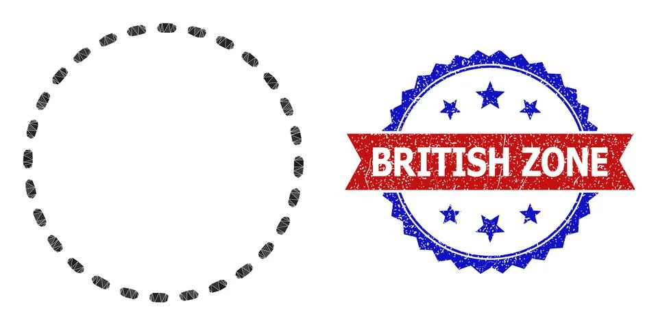 Bicolor Grunge Stamp with Dashed Circle Area Triangle Lowpoly Icon Stock Illustration