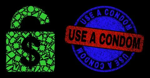 Bicolor Grunge Use a Condom Stamp Seal and Geometric Mosaic Bank Lock Icon Stock Illustration