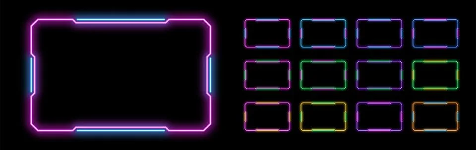 Bicolor outline neon rectangle frame, vector set. Neon rectangle HUD frame,.. Stock Illustration