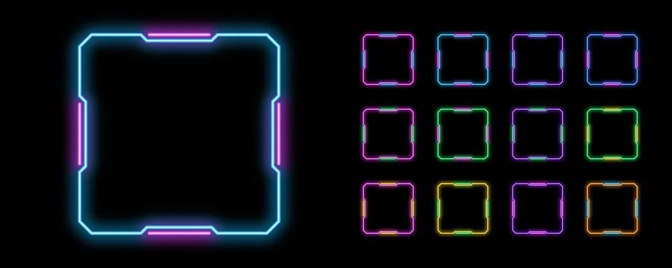 Bicolor outline neon square frame, vector set. Neon square HUD frame, glow .. Stock Illustration