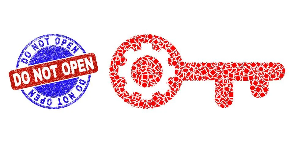 Bicolor Rubber Do Not Open Seal and Geometric Mosaic Key Gear Icon Illustrazione stock
