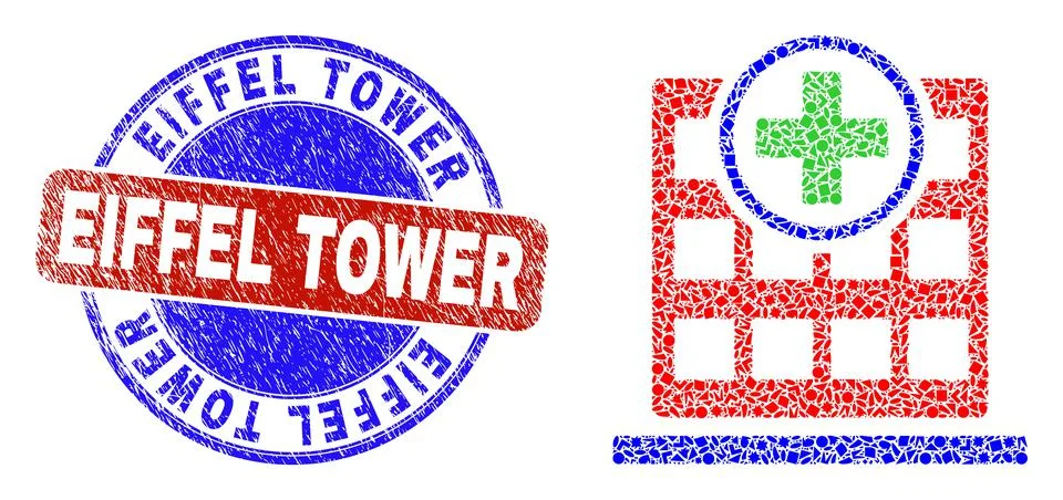 Bicolor Rubber Eiffel Tower Stamp Seal and Geometric Mosaic Hospital Building Illustrazione stock