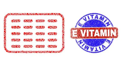 Bicolor Scratched E Vitamin Stamp Seal and Geometric Mosaic Pills Blister Icon 스톡 일러스트
