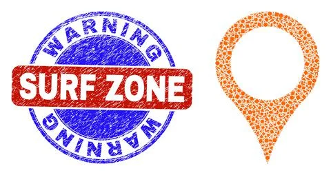 Bicolor Scratched Warning Surf Zone Badge And Geometric Mosaic Map Pointer Icon Stockillustratie