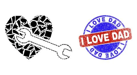 Bicolor Textured I Love Dad Badge And Geometric Mosaic Heart Repair Wrench Icon Illustrazione stock