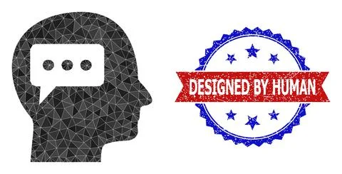 Bicolor Textured Stamp Badge with Thinking Brain Polygonal Lowpoly Icon 스톡 일러스트