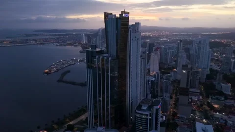 BICSA Financial Center Skyscraper and Panama City Bay Marina at Dusk Drone View Видео 339797079