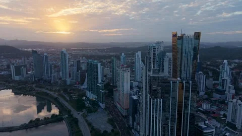 BICSA Tower Skyscraper in Panama City Sunset Skyline Aerial Establishing Shot Видео 339911168