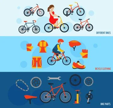 Bicycle accessories flat banners set Illustration