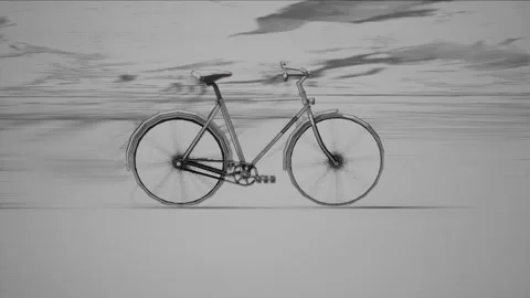 Bicycle animated, side profile, black and white, moving background Stock Footage 301353762