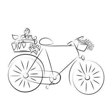 Bicycle with baskets of flowers on a frame . Line art. Stock Illustration