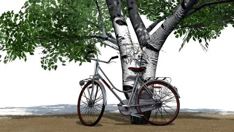 Bicycle beside a tree isolated on white background Illustrazione stock