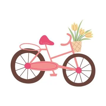 Bicycle bike vector flat hand drawn style retro transport pink cycle with flower Illustrazione stock