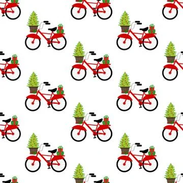 Bicycle with christmas tree seamless pattern 스톡 일러스트