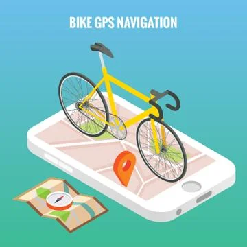 Bicycle city navigation concept poster in vector isometric style. Bike on a Stock Illustration