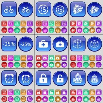 Bicycle, Countdown, Money, Discount, First-aid kit, Box, Alarm clock, Lock, Buil Stock Illustration